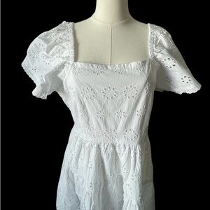 Chic Connection White Eyelet Puff Sleeve Square Neck Dress, Sz L, NWT